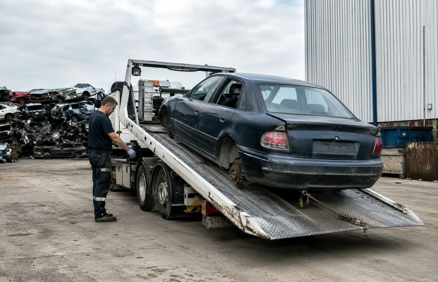Altfahrzeug-Abholung mit Abschleppwagen und Verwertung durch Schrotthandel Richter